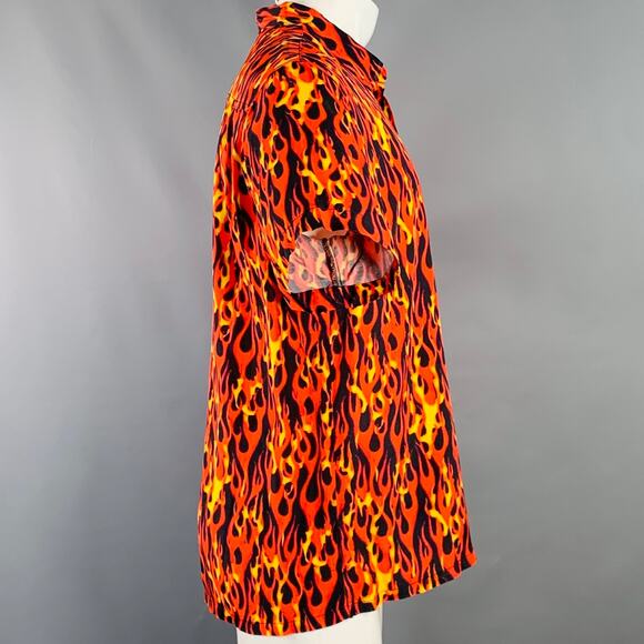 R13 SS20 Size M Orange Yellow Black Flames Viscose One Pocket Short Sleeve Shirt - Picture 3 of 8
